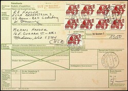 1971, 9 x 150 Pf. Unfall, als MeF auf Auslands Paketkartenstammteil ...