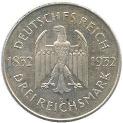 1932, 3 Mk. Goethe, Prägung "G", Erh. vzAutomatically generated ...
