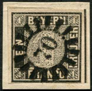 1849, 1 Kr. schwarz, auf Briefstück mit GMR "70"(Ellingen), unten ...