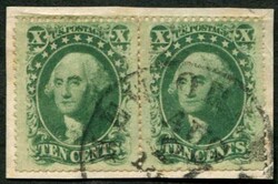 1857, 10 C. Freimarke, waagrechtes Paar mit schwarzem K1 auf ...