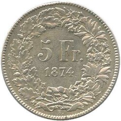 1874, 5 Fr. Silber, Kursmünze, mit sitz. Helvetia, Jahreszahl mit ...
