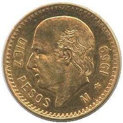 MEXIKO: 1959, 10 Pesos, Gold, Hidalgo, 8,333 gr. 900er, Erh. st