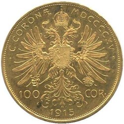 1915, 100 Kronen Gold, Neuprägung, Franz Joseph, rs. gekrönter ...