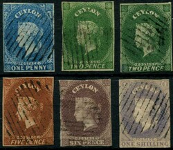 1857, 1 Sh., 1, 5, 6 und 2 x 2 P. Freimarken, gute ...