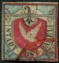 1845, 2 1/2 Rp Basler Taube, fast "taubenfrei" gestempelt mit rotem ...