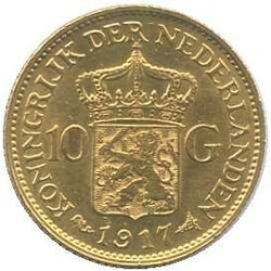 1917, 10 Gulden Gold, Königin Wilhelmina, 6,05gr. fein, Erh. vz