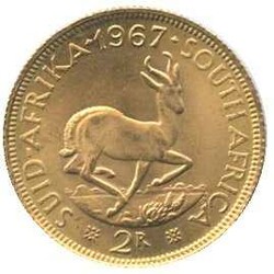 SÜDAFRIKA: 1967, 2 Rand Gold, Riebeeck/Springbock, 7,32 gr., ...