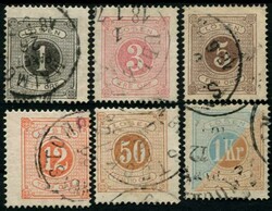 1874, 1, 3, 5, 12, 50 Ö., 1 Kr., je eng gezähnt (14), 6 ...