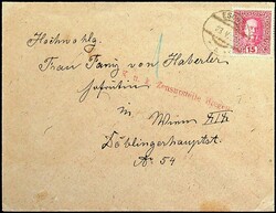 1917, 15 H., klar "ESCHEN", sauberer Brief nach Wien, vs. roter ...