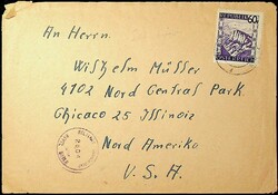 1947, 60 gr., Brief nach Chicago, rs. Lager Absender "Elisabet ...