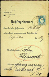 1867, 10 Kr., klar "RAKONITZ-3.6.83" auf kpl. "Nachfrageschreiben" ...