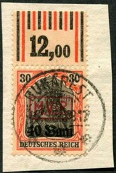 1917, 30 Pf., Aufdruck "10 Bani", kpl. Oberrand, klar gest. ...