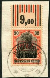 1917, 30 Pf., Aufdruck "10 Bani", kpl. Oberrand, klar gest. ...