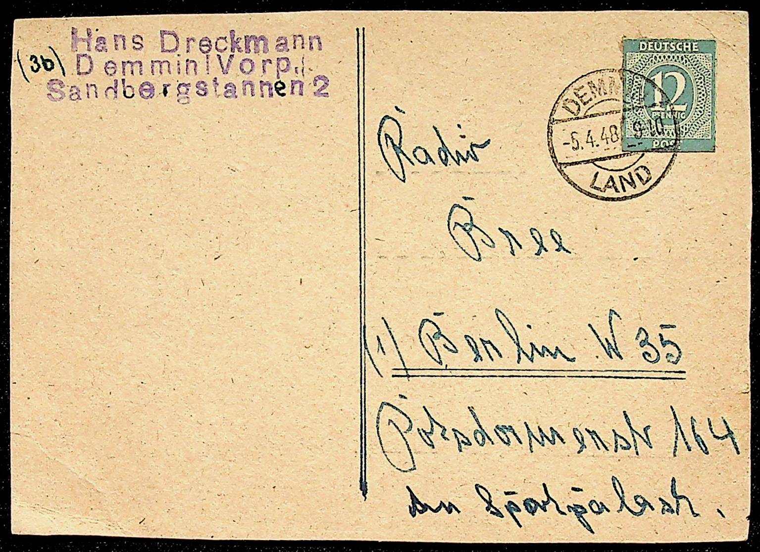 1948, 12 Pf. Ziffer, GA-Ausschnitt, klar "DEMMIN-5.4.48", saubere ...