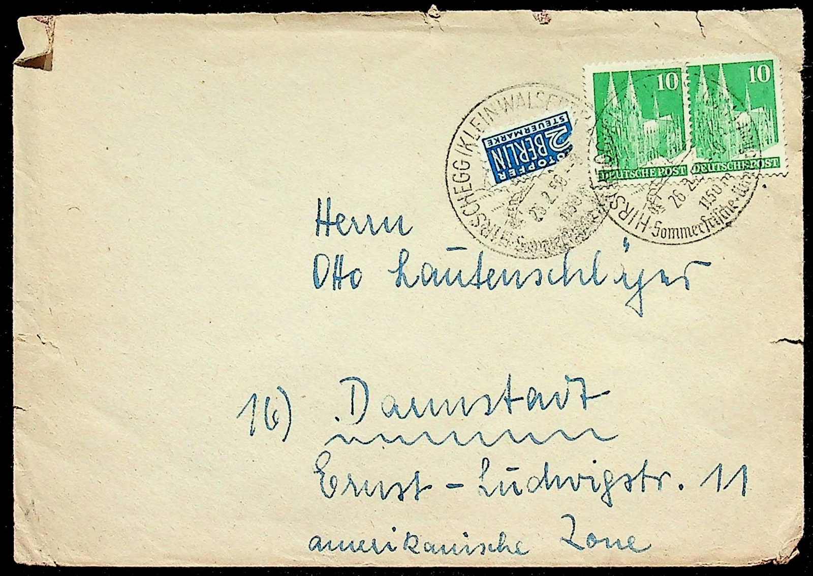 1950, 2 x 10 Pf. Bauten (1 Wert Zahnfehler), klar gest. "HIRSCHEGG ...
