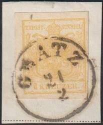 1850, 1 Kr. Masch.-Papier, Type 1 b, goldgelb, breitrandig, ...