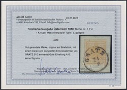 1850, 1 Kr. Masch.-Papier, Type 1 b, goldgelb, breitrandig, ...