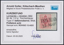 1850, 15 Cent., Type 1, seltene Farbe "tiefzinnoberrot", breitrandig, ...