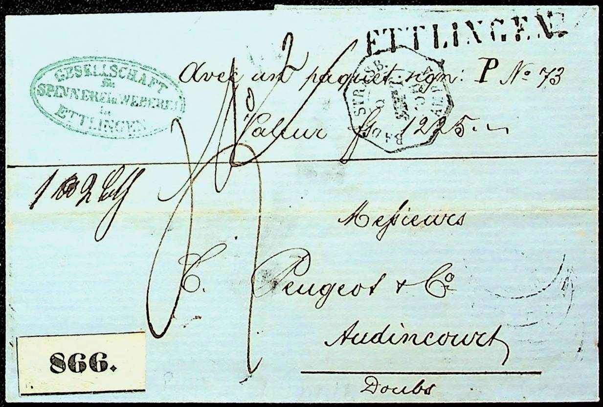 "ETTLINGEN", kleiner L1 auf Pracht-Paketbegleit-Brief 1856 nach ...