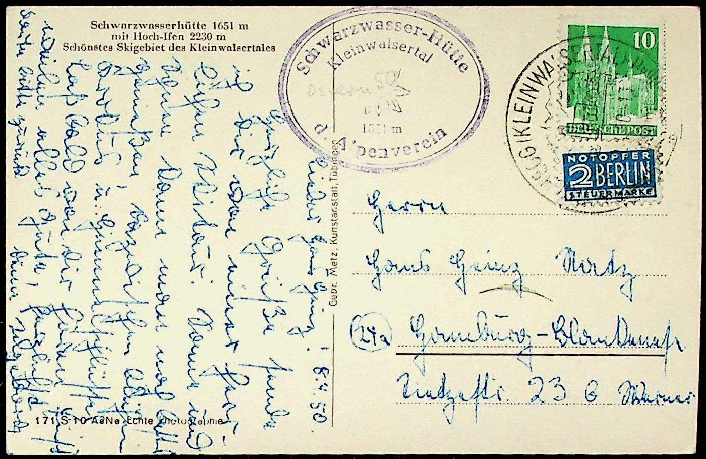 1950, 10 Pf. Bauten, eng gez., klar "Hirschegg-Kleinwalsertal-12.4 ...