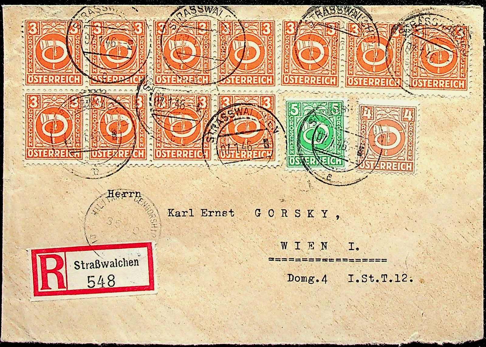 1945, 3 gr. Posthorn, selt. 8er-Block und 3-er-Streifen mit 4, 5 gr., ...