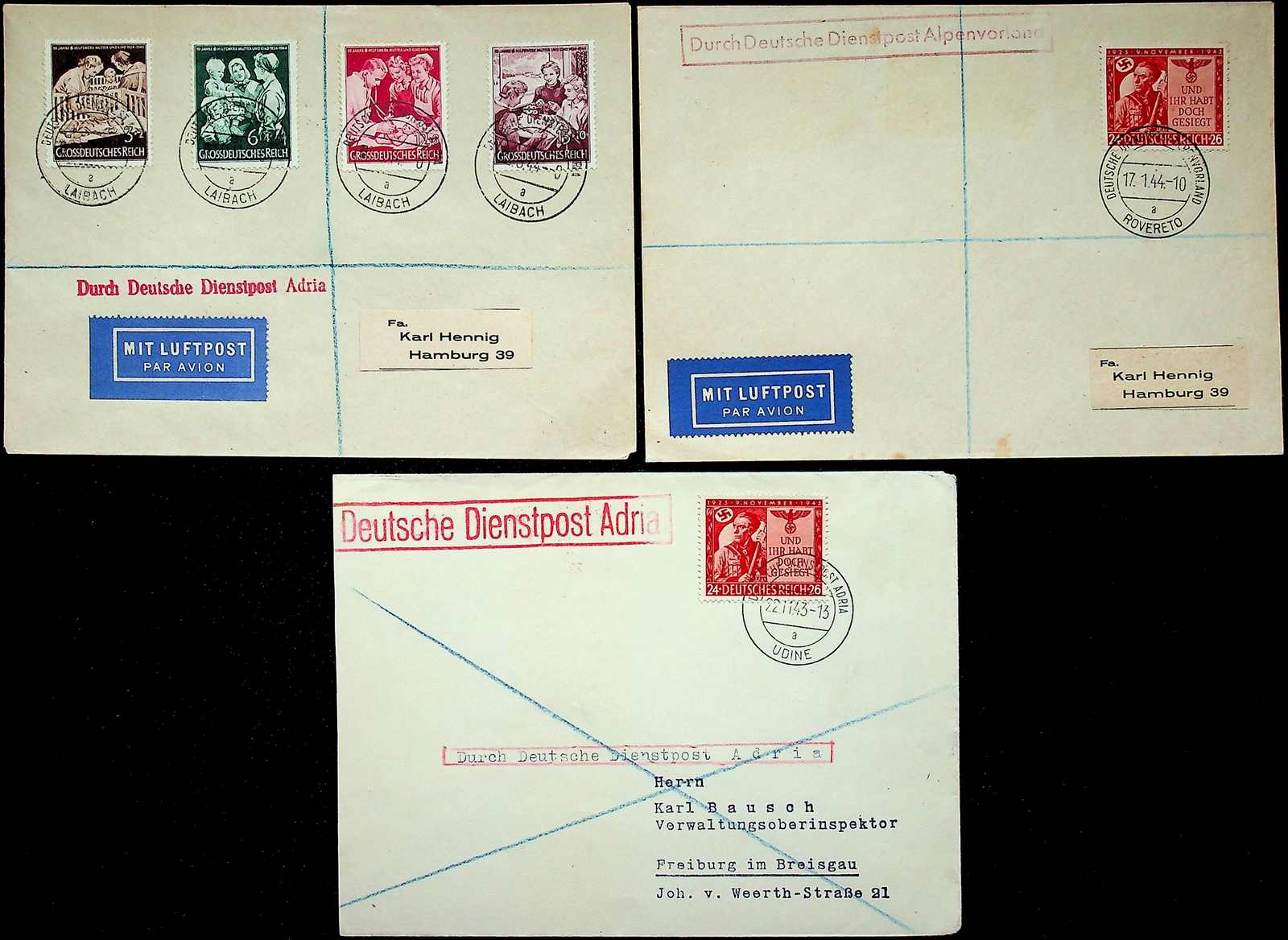 1943-44, DR 24 Pf., 2 Werte und Satz-Frankatur, 4 Werte, je klarer K2 ...