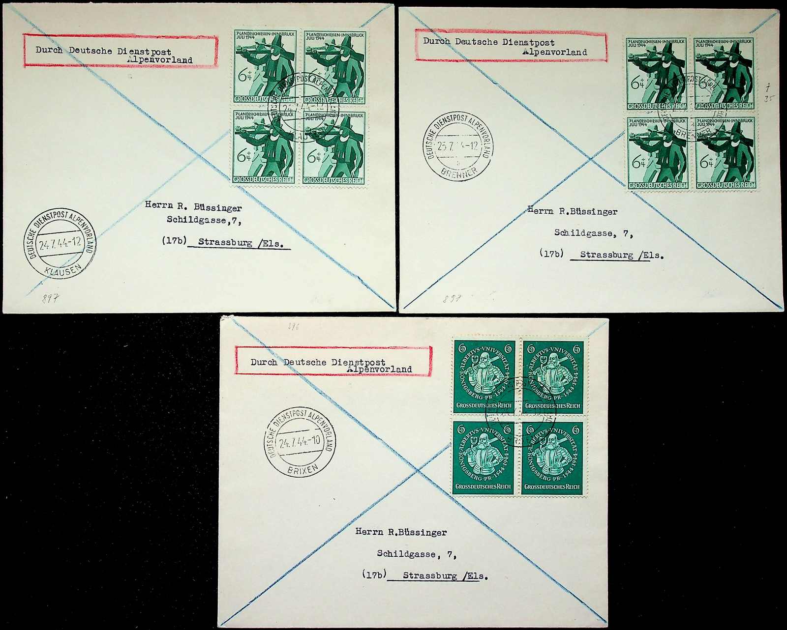 1944, je klare Stpl. "Deutsche Dienstpost Alpenvorland-Brenner" und ...