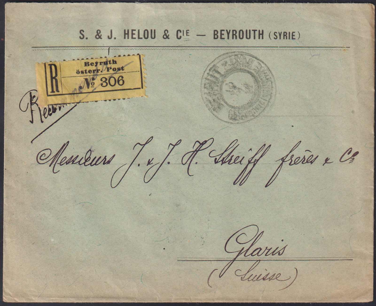 1908, 2 Pia., klar "BEIRUT", rs. auf Pracht-R-Brief, vs. ...
