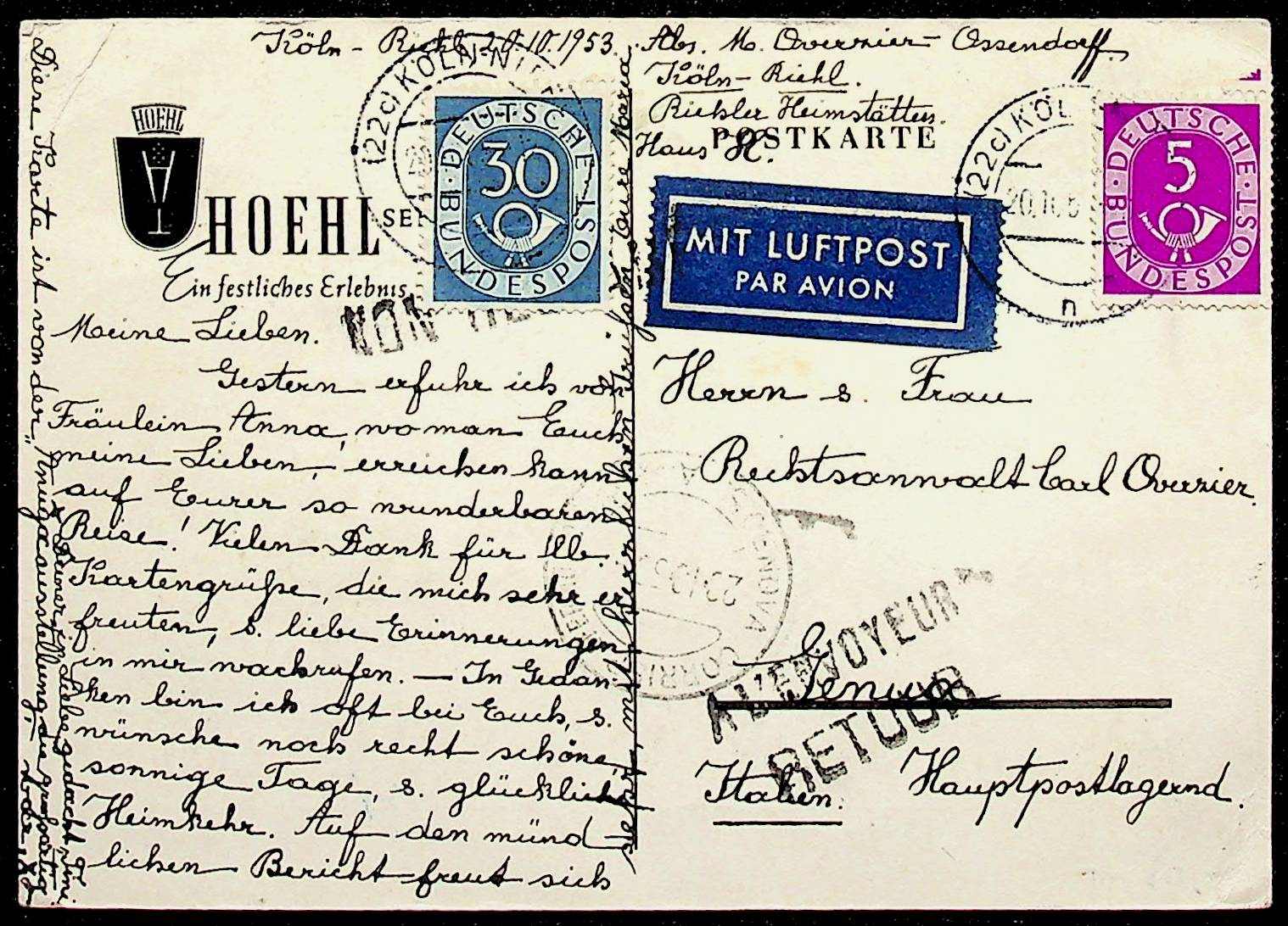 1951, 5 und 30 Pf. (diese einige stumpfe Zähne), klar "Köln-20.10 ...