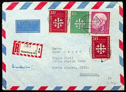 1954, 3 DM Heuss mit 10, 2 x 20 Pf. Sondermarken, klar "Hamburg-8.8 ...