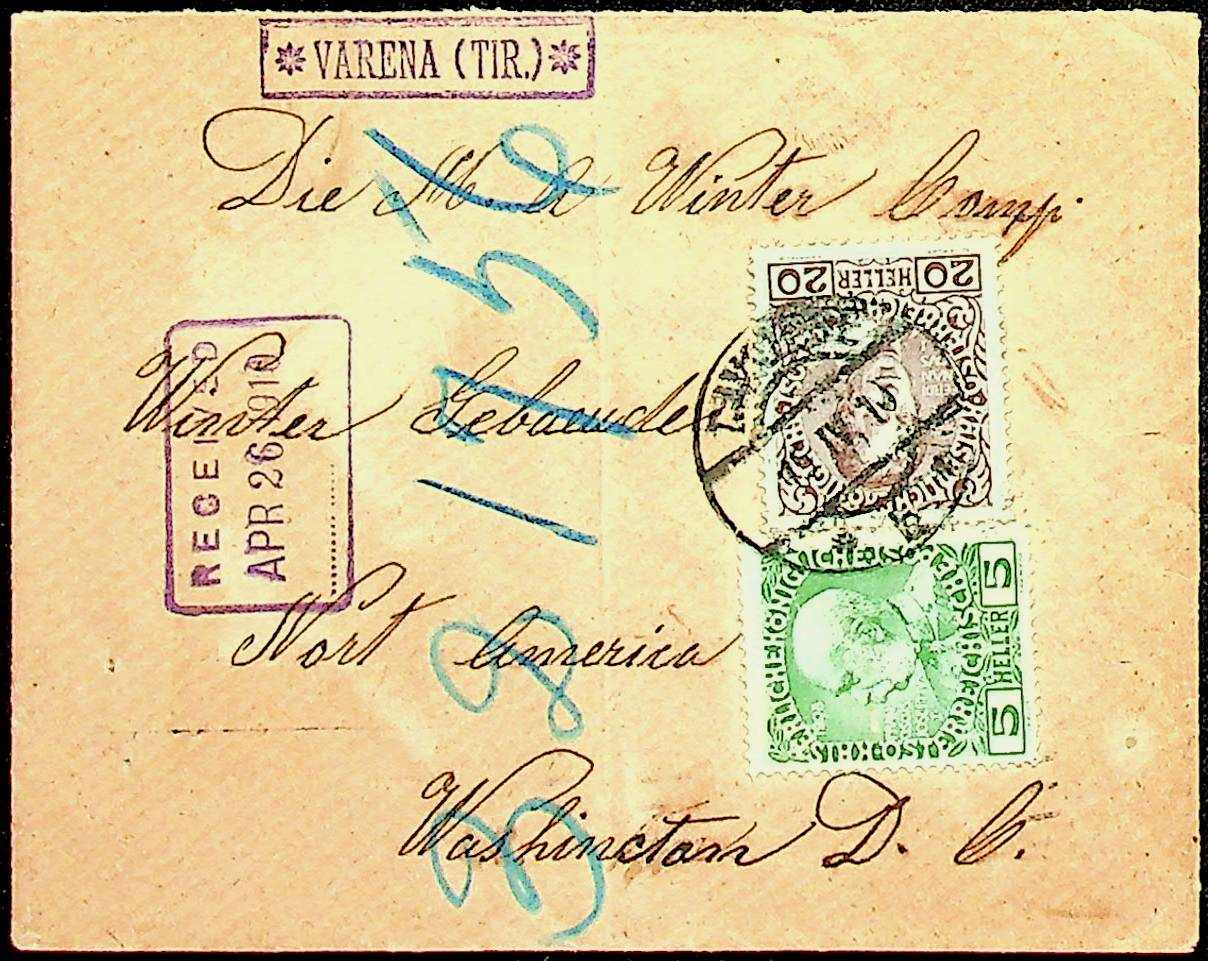 "VARENA (TIR.)", lila Ra.1, sehr klar neben 5 und 20 H., Brief nach ...