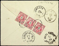 1883, 3 Kr., waager. 3er-Streifen, selt. Fingerhut "MUSZYNA" ...