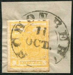 1850, 1 Kr. gelb, voll- bis breitrandig, Kabinett-Bfst., klarer ...