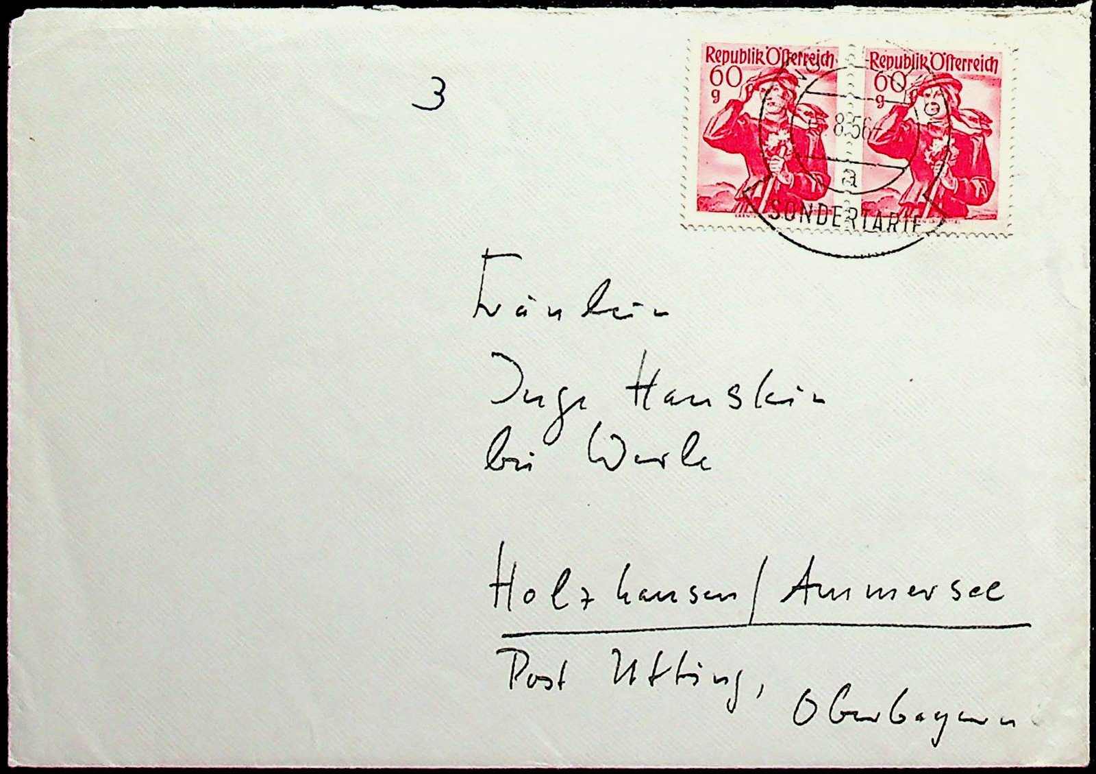 1956, 60 gr. Trachten, klar "JUNGHOLZ (TIROL)-SONDERTARIF-13.8.56", ...