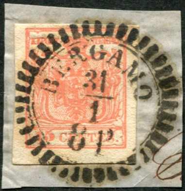 1850, 15 C., breitrandig, Luxus-Bfst., Mühlrad-Stpl. "BERGAMO-8 P.", ...