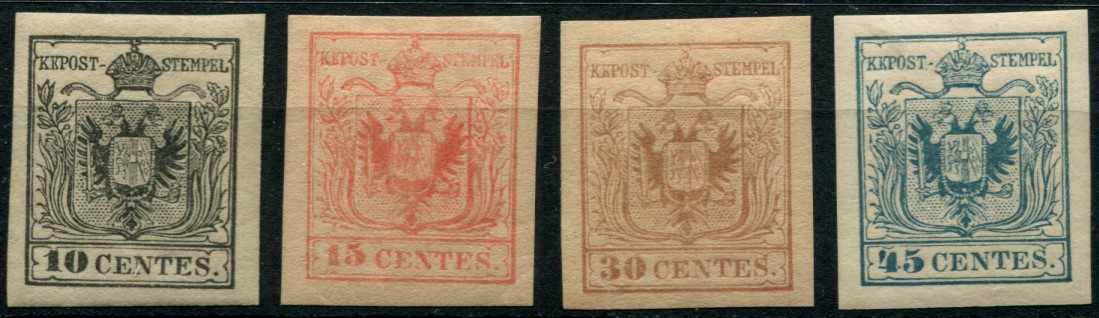 1850, 10, 15, 30, 45 Ct., 4 Pracht-Neudrucke, mit Gummi, breitrandig, ...