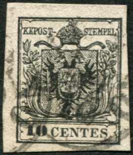 1850, 10 Cent. schwarz, seltenes Maschinen-Papier, Type 3, allseits ...