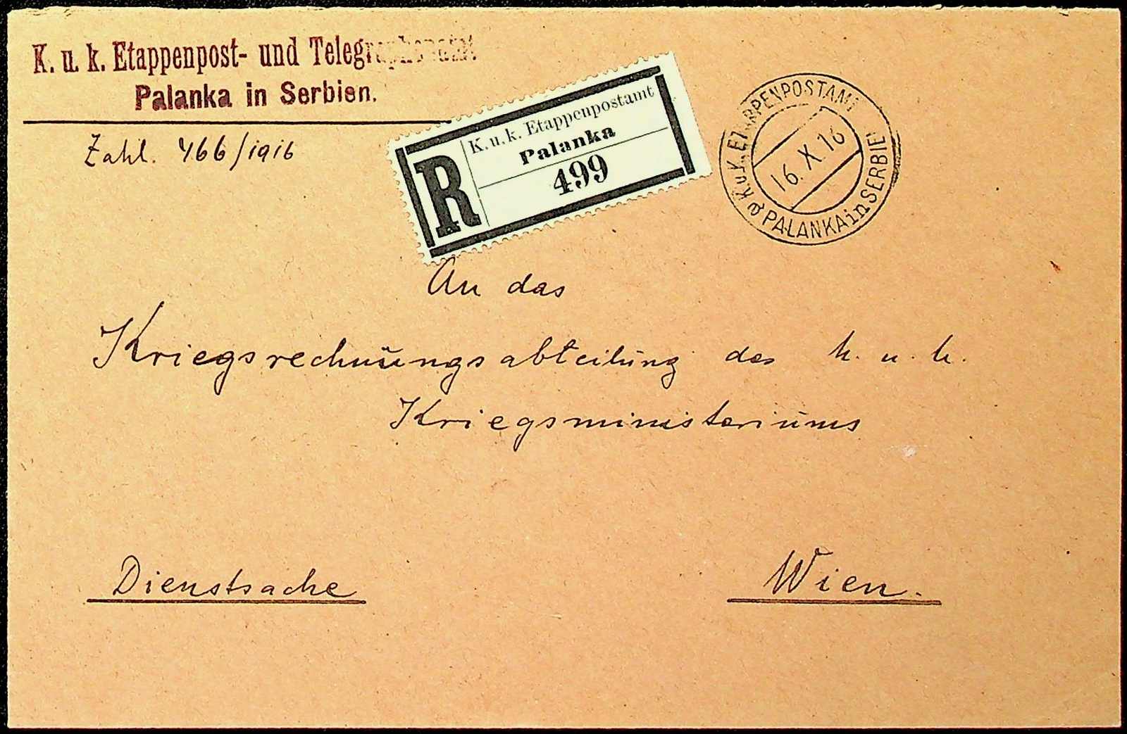 1916, saub. Dienst-R-Brief, klar "K.u.k.ETAPP.POSTAMT-PALANSK in ...