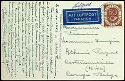 1951, 60 Pf., klar "Köln-15.10.52", saubere Luftpost-Postkarte nach ...