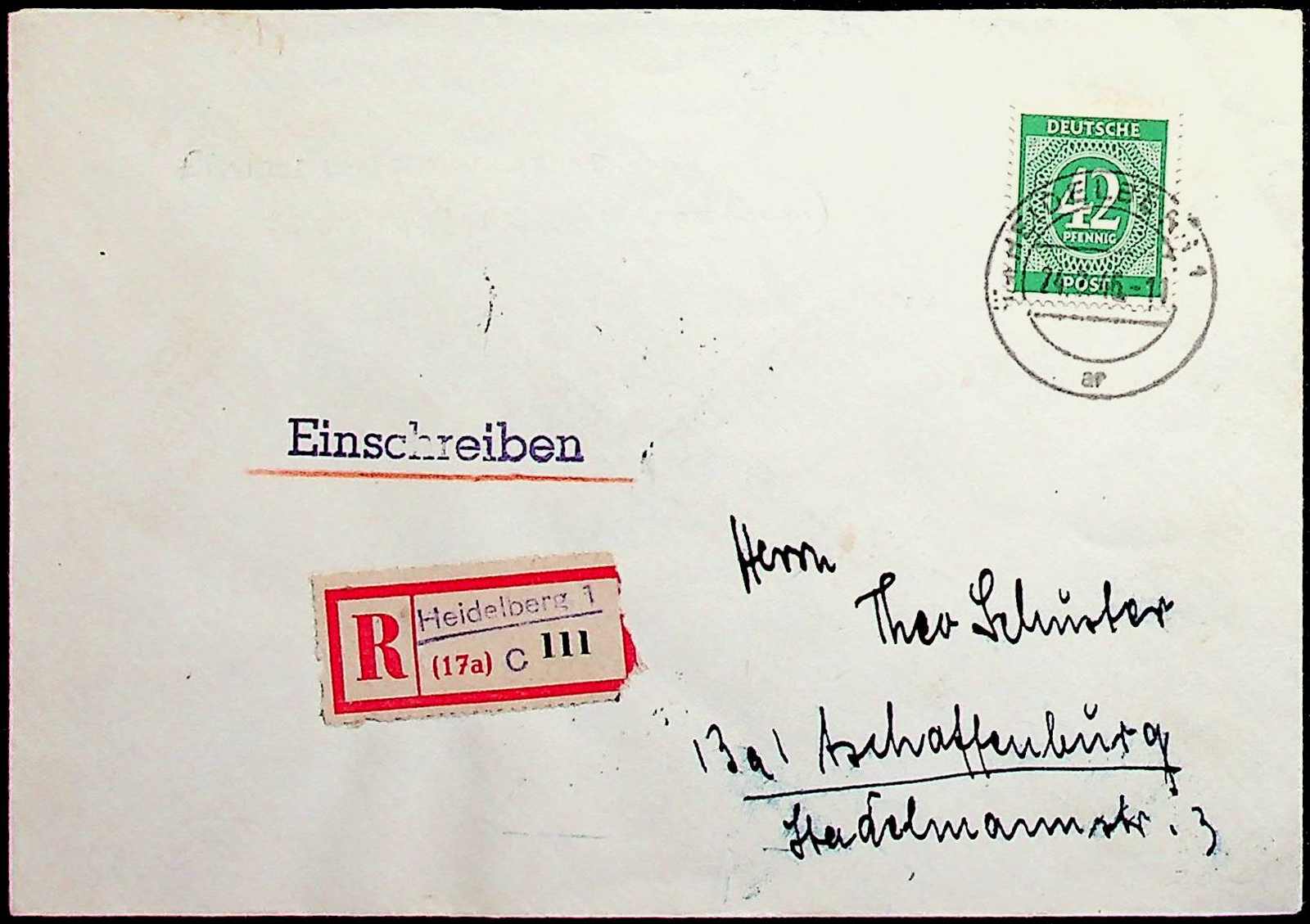 1946, 42 Pf., klar "Heidelberg-24.2.46", sehr sauberer R-Brief nach ...