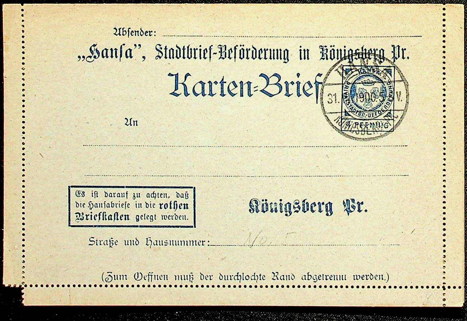 "Königsberg", Hansa 4 Pf. blau, Pracht-Karten-Bf., blanko, klarer ...