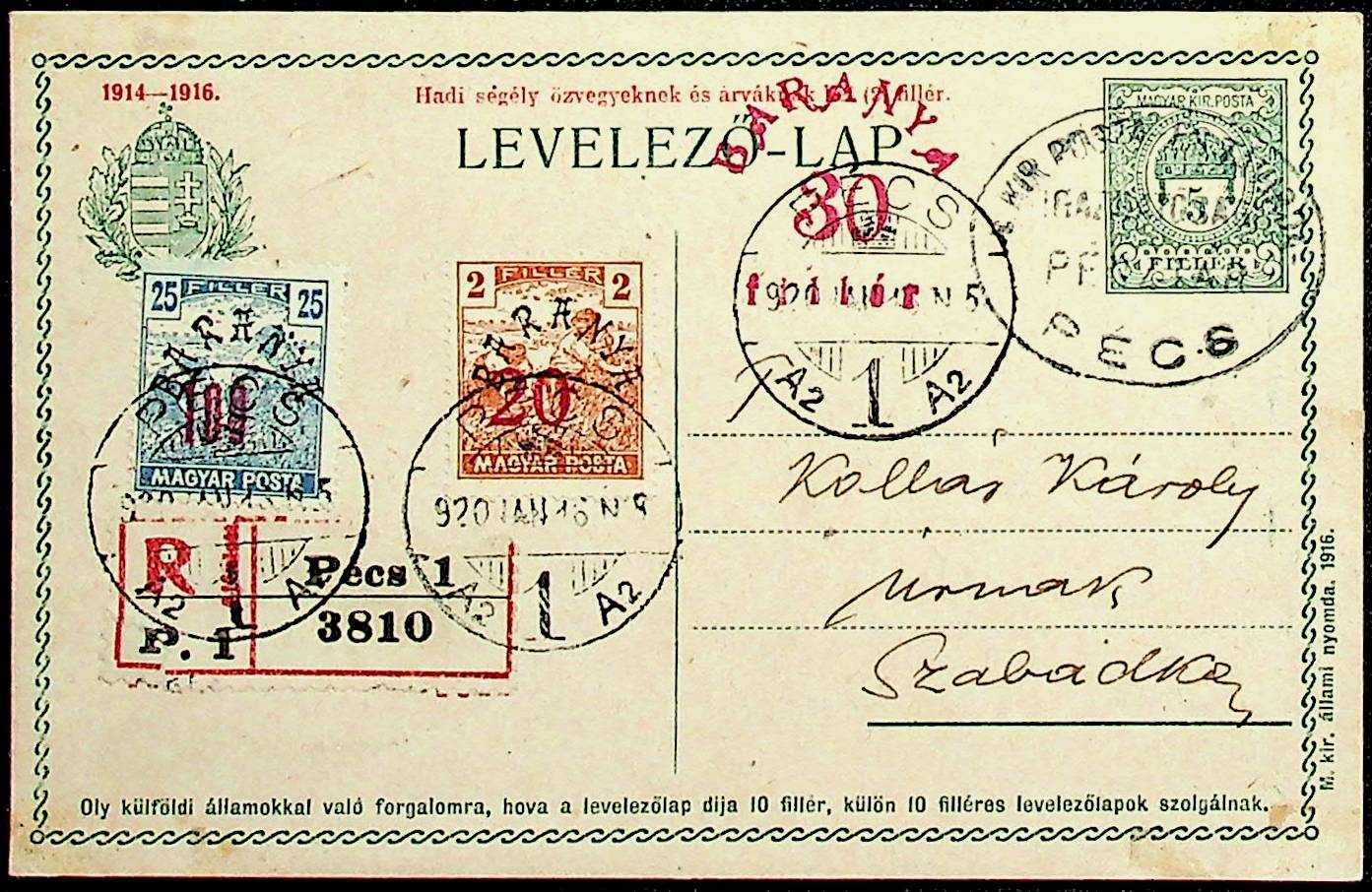 1920, "BARANYA", Aufdruck 20 und 100 F. auf selt. GSK, Aufdruck ...