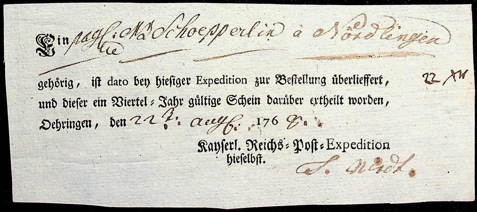 "Oerhingen", Pracht-Postschein 1768, Ort gedruckt, Vordruck "Kaiserl ...