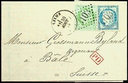 1871, 5 C. grün und 25 C., je klar "3103", K2 "RHEIMS", kpl. weißer ...