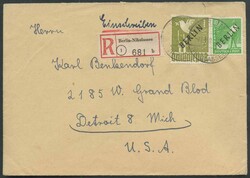 1948, 10 Pf. und 1 M. Schwarzaufdruck, auf Ausland-R-Brief aus ...