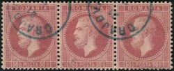1872, 10, 15 und 50 B. Freimarken, je waagrechter 3er-Streifen, ca. ...