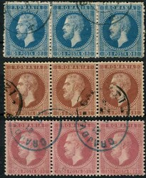 1872, 10, 15 und 50 B. Freimarken, je waagrechter 3er-Streifen, ca. ...