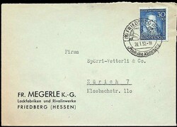 1951, 30 Pf. Wohlfahrt, auf Brief mit Sonderstempel "Friedberg 28.1 ...