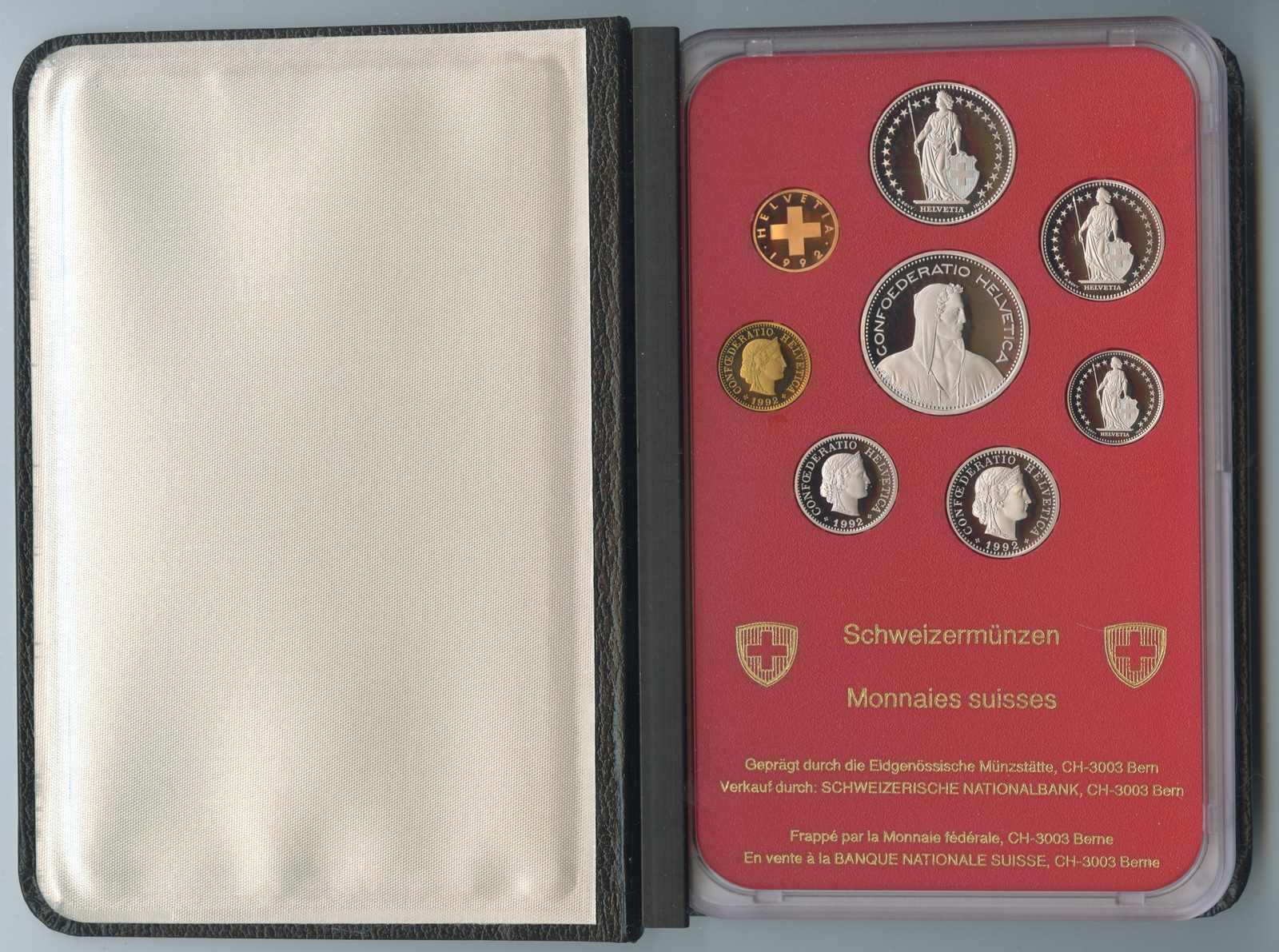 1992, offiz. Jahrgang Kursmünzsatz kpl., 1 Rp.-5 Fr. im orig, ...