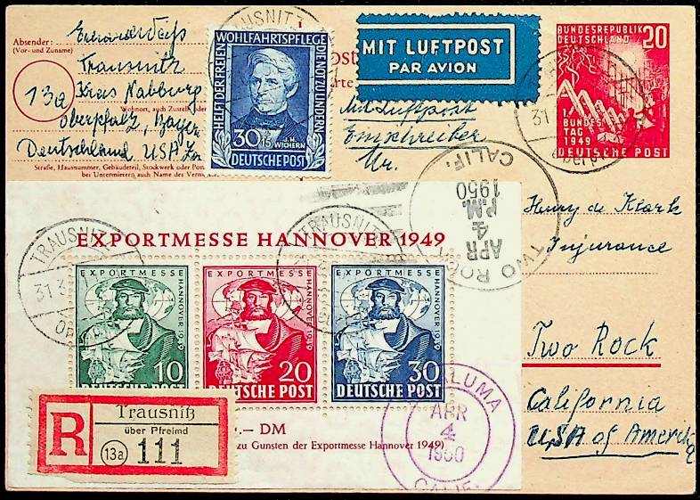 1950, GSU 20 Pf. Bundestag mit 30 Pf. Wofa 49 und Block 1 als tarifg. ...